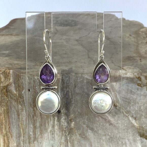 Sterling Silver 925 Pear Shaped Amethyst Hinged White Coin Pearl Dangle Earrings - Picture 2 of 16